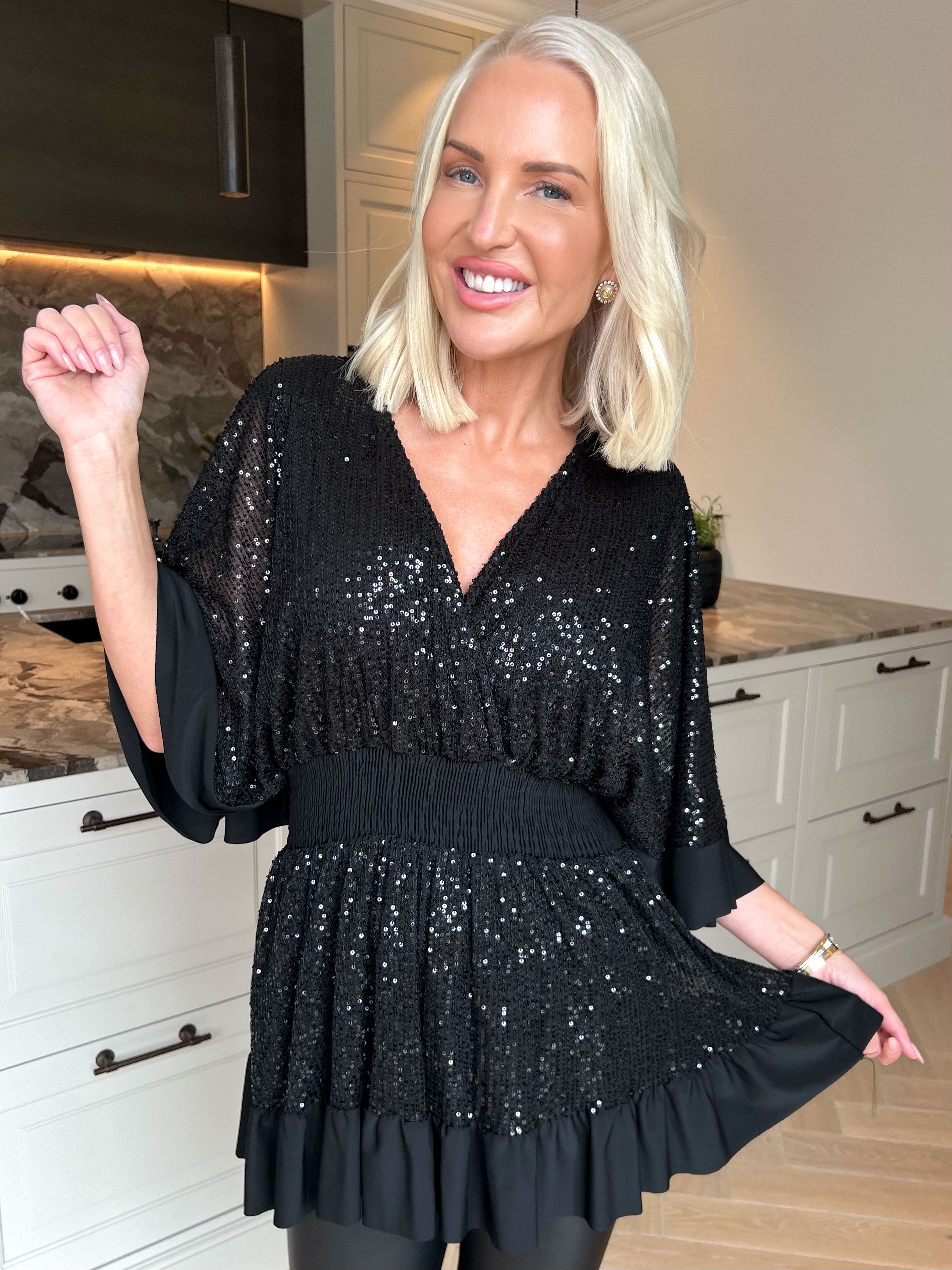 Pamela Glitter Shirt - Tunika med paljetter, smock och volanger